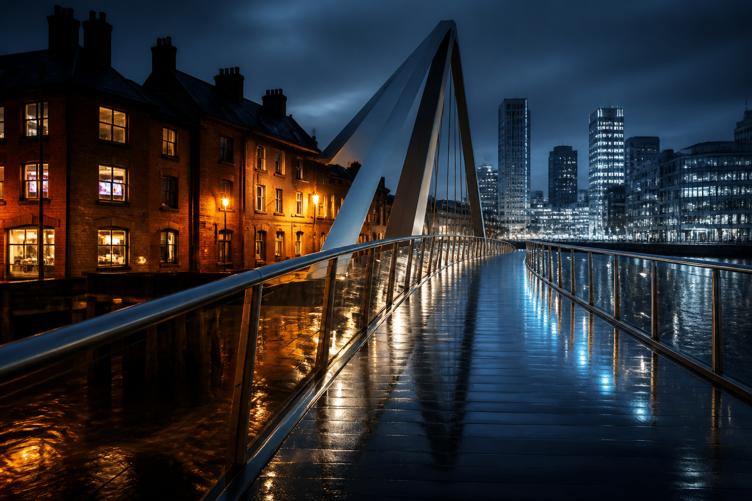 A pedestrian bridge at night connecting an older waterfront to a glass skyline