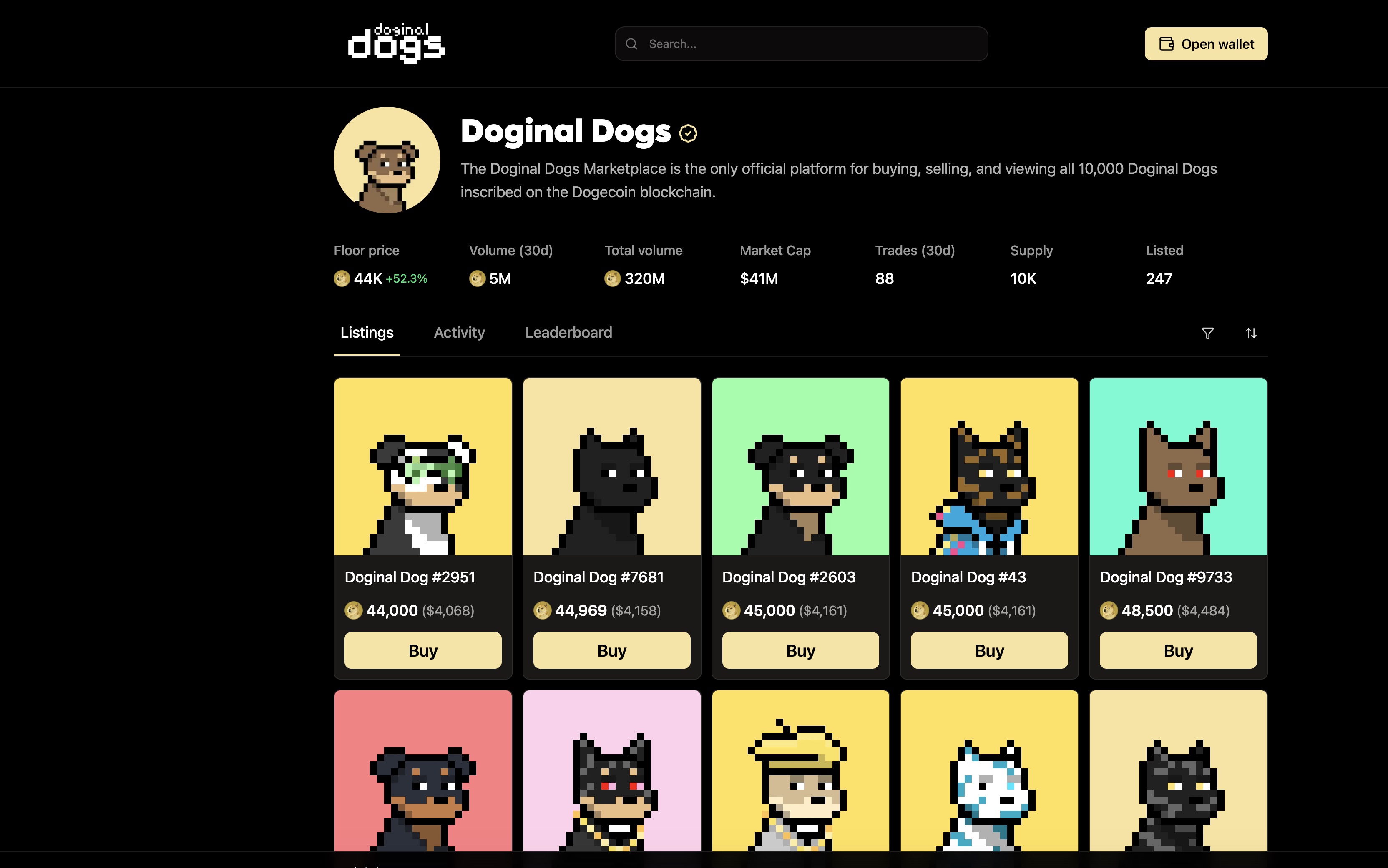 Doginal Dogs marketplace with the floor at 44,000 DOGE
